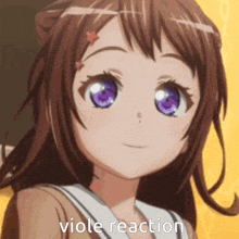 a close up of a girl with purple eyes and the words viole reaction written below her