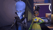 a cartoon character looking at a cell phone next to a cartoon character with a cloud on her outfit