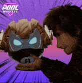 a boy is holding a pool masters ball in his hand