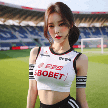 a woman wearing a crop top that says sbobet