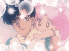 a man and a little girl are surrounded by bubbles and stars