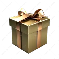 a gold gift box with a gold ribbon and a bow