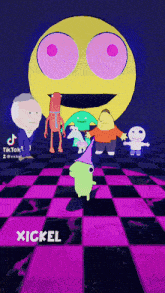 a group of cartoon characters are standing in front of a smiley face and the name xickel