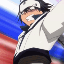 a cartoon character with a bandana on his head has the letter r on his forehead