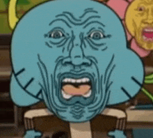 gumball from the amazing world of gumball is making a funny face while sitting in a chair .