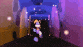 a cartoon character is walking through a dark tunnel .