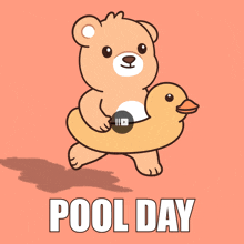 a cartoon of a teddy bear holding a rubber duck and the words pool day
