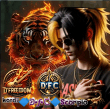 a picture of a man with a tiger in the background and the words dfc kordi and scorpio on the bottom