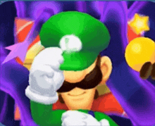 a cartoon character wearing a green hat and white gloves is giving a thumbs up .