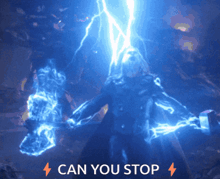 a picture of thor holding a hammer with the words " can you stop " above him