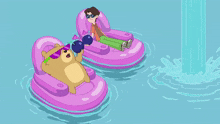 a cartoon drawing of a man and a bear floating on rafts in the water