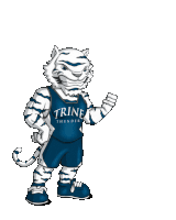 a mascot for the trine thunder basketball team holds an american flag