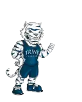 a mascot for the trine thunder basketball team holds an american flag