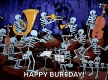 a cartoon of a band of skeletons playing instruments and singing .