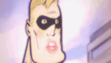 a close up of a cartoon character wearing a mask and a superhero costume .