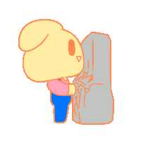 a cartoon character is standing next to a large rock ..