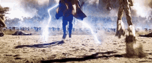 a man in a cape is running through a field with lightning coming from the ground .