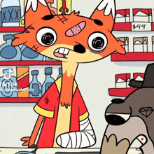 a cartoon of a fox with a bandage on his head and a bear with a bandage on his arm