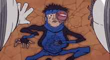 a cartoon drawing of a man in a blue suit with a big eye