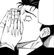 a black and white drawing of a man praying with his hands on his face .