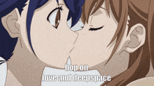 a couple of anime girls kissing with the words hop on love and deepspace above them