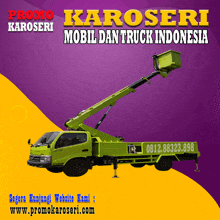 an ad for karoseri mobil dan truck indonesia with a green truck