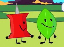 a red pin and a green leaf are smiling and standing next to each other