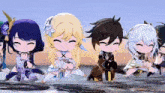 a group of anime characters are standing next to each other on a beach .