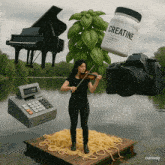 a woman is playing a violin while a bottle of creatine is floating in the air