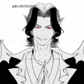 a black and white drawing of a demon with red eyes and wings