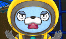 a cartoon character is wearing a yellow and gray outfit
