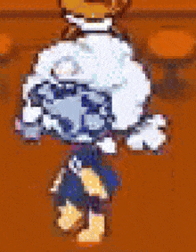 a pixel art of a cartoon character standing on a table .