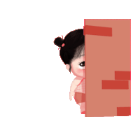 a little girl in a pink top with cherries on it stands behind a red brick wall