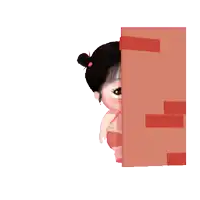 a little girl in a pink top with cherries on it stands behind a red brick wall
