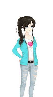 a girl with a ponytail is wearing a blue jacket and jeans