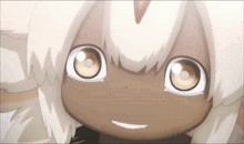 a close up of a cartoon character 's face with white hair