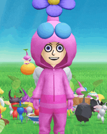 a cartoon character in a pink outfit with a purple flower on his head