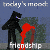 a black minecraft character standing next to a red stick figure holding an umbrella in the rain