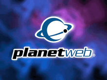 a blue and white planet web logo on a blue background