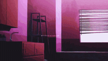 a purple room with a window and blinds