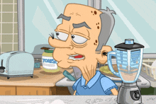 a cartoon of a man standing in front of a blender with a jar of yonesh on the counter