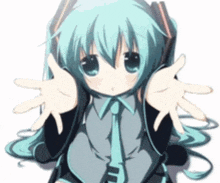 a girl with blue hair is wearing headphones and a suit