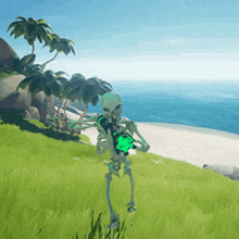 a skeleton in a video game is holding a green object in his hand .