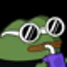 a green frog wearing sunglasses and holding a purple object in its mouth .