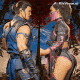 a man and a woman standing next to each other with pixverse.ai written on the bottom right