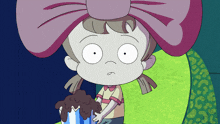 a cartoon girl with a pink bow on her head holds a box of popcorn