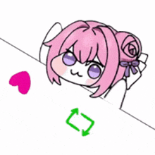 a drawing of a girl with pink hair and purple eyes peeking over a sign