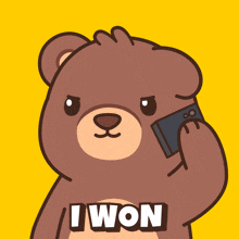 a cartoon teddy bear talking on a cell phone with the word i won written on his chest