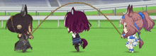 three anime characters are jumping rope on a field in a video game .
