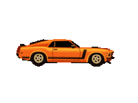 an orange mustang with black stripes on the side is driving on a white background